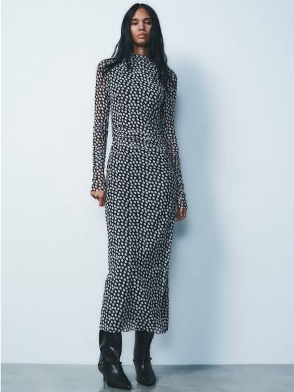 Zara Black and White Polka Dot Long Sleeve Maxi Dress